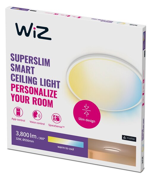 Stropné Lampa WiZ, SuperSlim, stmievateľné, Biela, Obývacia izba, Plast, Moderný
