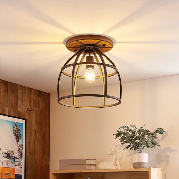 Stropné Lampa Lindby, Rutger, stmievateľné, Čierna, Obývacia izba, Drevo, Vintage