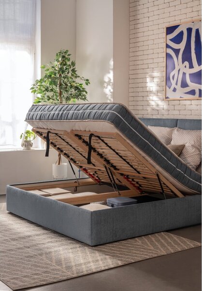 Modrá čalúnená dvojlôžková posteľ s úložným priestorom s roštom 160x200 cm Thessa Pillow – Selection