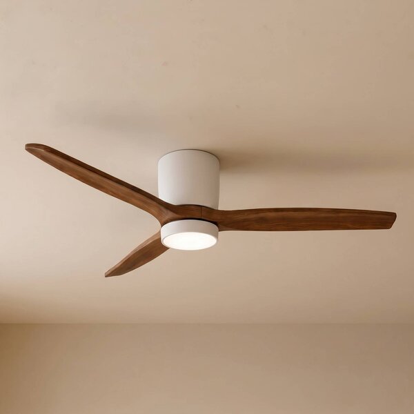 Lucande Stropný ventilátor LED Faipari, tmavé drevo, DC, 132 cm, Biela / opálová, Obývacia izba / jedáleň, Drevo, Moderný
