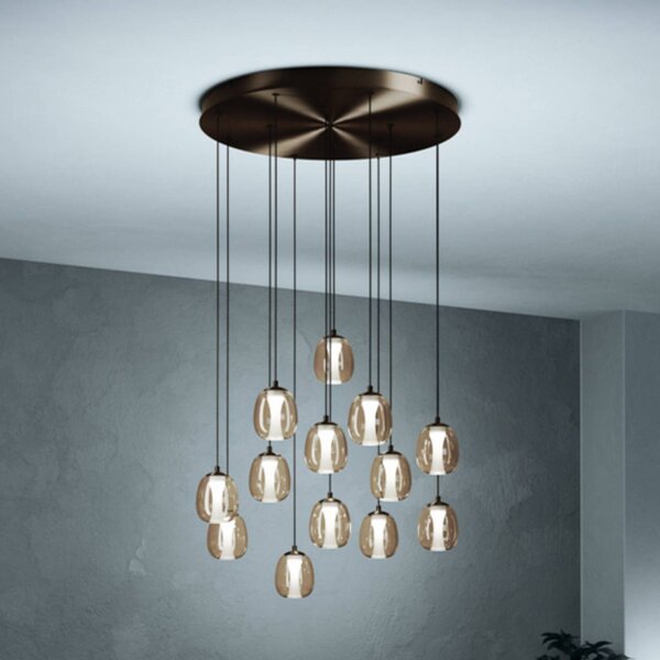 Stars of Light LED závesné svietidlo FERRO 58 cm, 13 žiaroviek, bronzová/hnedá, Hnedá / staromosadz, Obývacia izba / jedáleň, Sklo, Závesné svietidlo