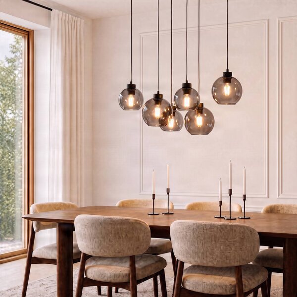 TK Lighting Závesné svietidlo Cubus, dymovo sivé, sklo, dĺžka 74 cm, 6 svetiel, Čierna, Obývacia izba / jedáleň, Sklo, Moderný, Závesné svietidlo