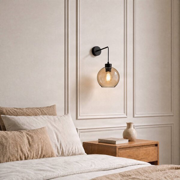 TK Lighting Nástenné svetlo Cubus, čierna/jantárová, sklo, Ø 18 cm, E27, Jasné / priehľadné, Obývacia izba / jedáleň, Sklo, Moderný, Nástenné svietidlo