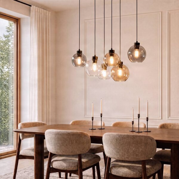 TK Lighting Závesné svietidlo Cubus, 74 cm, 6 svetiel, číre/medové/hnedé, sklo, Jasné / priehľadné, Obývacia izba / jedáleň, Sklo, Moderný, Závesné svietidlo
