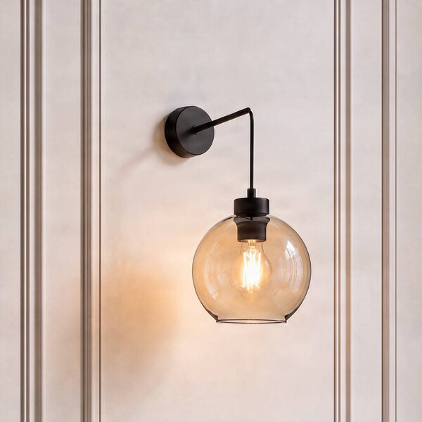 TK Lighting Nástenné svetlo Cubus, čierna/jantárová, sklo, Ø 18 cm, E27, Jasné / priehľadné, Obývacia izba / jedáleň, Sklo, Moderný, Nástenné svietidlo