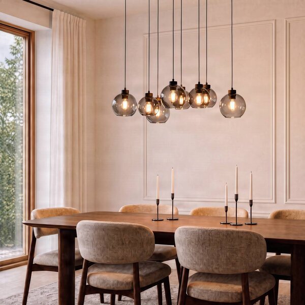 TK Lighting Závesné svietidlo Cubus, dĺžka 95 cm, 8-pl., dymovo šedá, sklo, Čierna, Obývacia izba / jedáleň, Sklo, Moderný, Závesné svietidlo