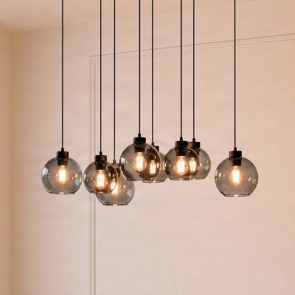 TK Lighting Závesné svietidlo Cubus, dĺžka 95 cm, 8-pl., dymovo šedá, sklo, Čierna, Obývacia izba / jedáleň, Sklo, Moderný, Závesné svietidlo