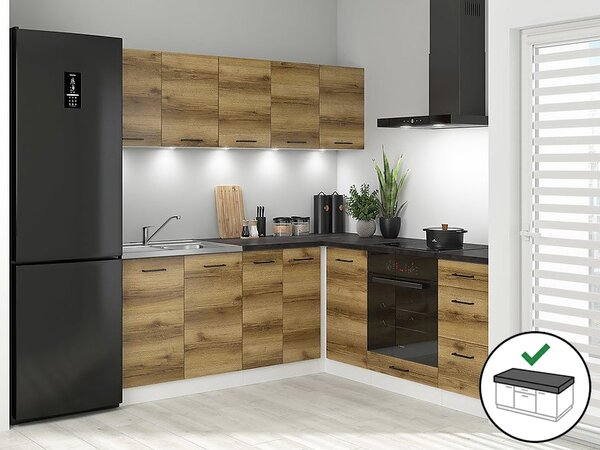 NovýNábytok.sk Rohová kuchyňa BRW Junona Line 200 + 200 cm (biela + dub svetlý delano + čierno-zlatá metalická). Vlastná spoľahlivá doprava až k Vám domov. 1118324