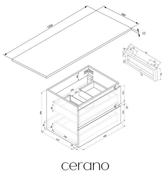 CERANO - Kúpeľňová skrinka Carole - antracitová + doska z lit. mramoru Elanys - 12 mm + konzola čierna - 120x49,2x46 cm