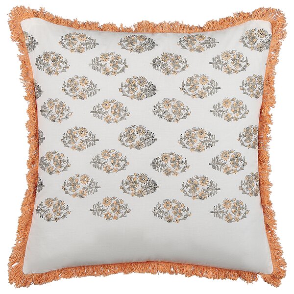 Dekoratívny vankúš biela oranžová bavlna 45 x 45 cm kvetovaný vzor so strapcami bloková potlač boho moderný štýl doplnky
