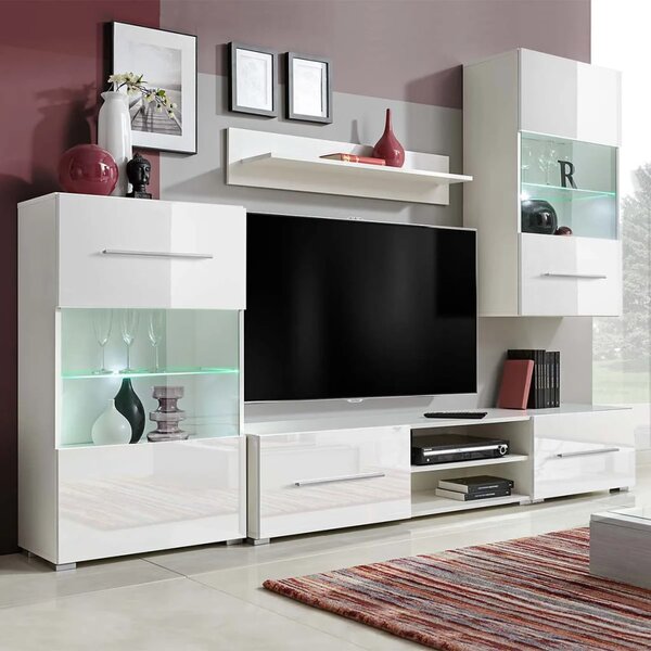 5-dielna obývacia/TV stena s LED osvetlením, biela