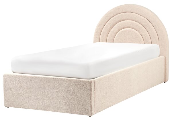 Posteľ s úložným priestorom béžová buklé čalúnená 90 x 200 cm minimalistický retro dizajn zaoblené čelo postele