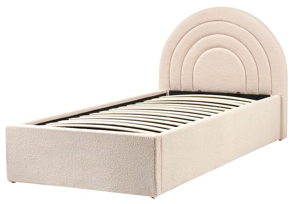 Posteľ s úložným priestorom béžová buklé čalúnená 90 x 200 cm minimalistický retro dizajn zaoblené čelo postele
