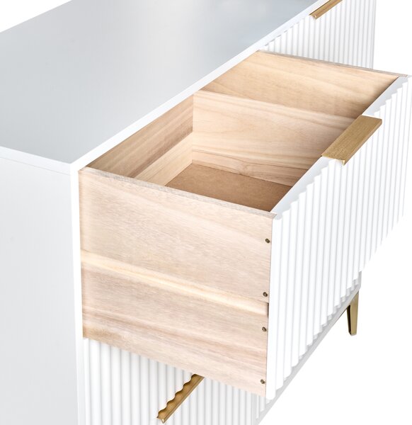 Komoda biela MDF so 6 zásuvkami kovové nohy drážkované zásuvky moderný dizajn spálňa obývacia izba