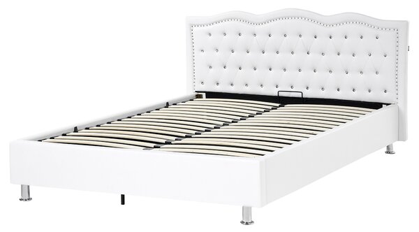 Posteľ biela umelá koža 160 x 200 cm s úložným priestorom prešívané čelo s gombíkmi moderný glamour štýl spálňa