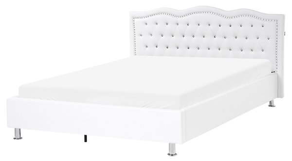 Posteľ biela umelá koža 160 x 200 cm s úložným priestorom prešívané čelo s gombíkmi moderný glamour štýl spálňa