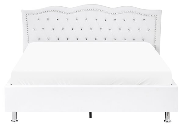 Posteľ biela umelá koža 160 x 200 cm s úložným priestorom prešívané čelo s gombíkmi moderný glamour štýl spálňa