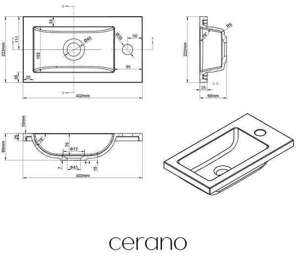 CERANO - Umývadlo z liateho mramoru Sora/Zola - biela lesklá - 40x22 cm
