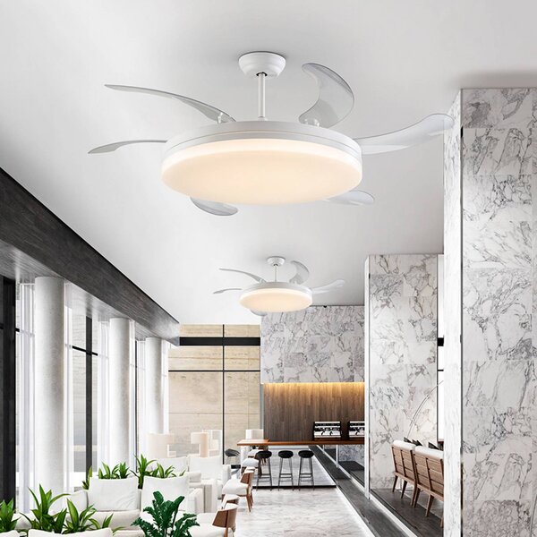 Schuller Valencia LED stropný ventilátor Vento biely/číry, DC Ø 150 cm tichý, Jasné / priehľadné, Obývacia izba / jedáleň, kov, Moderný