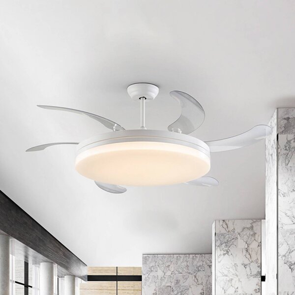 Schuller Valencia LED stropný ventilátor Vento biely/číry, DC Ø 150 cm tichý, Jasné / priehľadné, Obývacia izba / jedáleň, kov, Moderný
