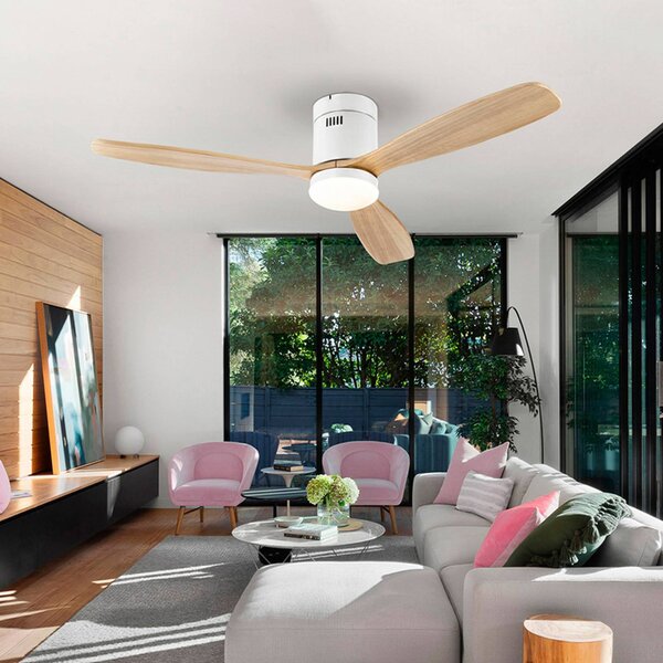 Schuller Valencia LED stropný ventilátor Siroco, biely/svetlé drevo Ø 132 cm, tichý, Svetlé drevo, Obývacia izba / jedáleň, kov, Moderný
