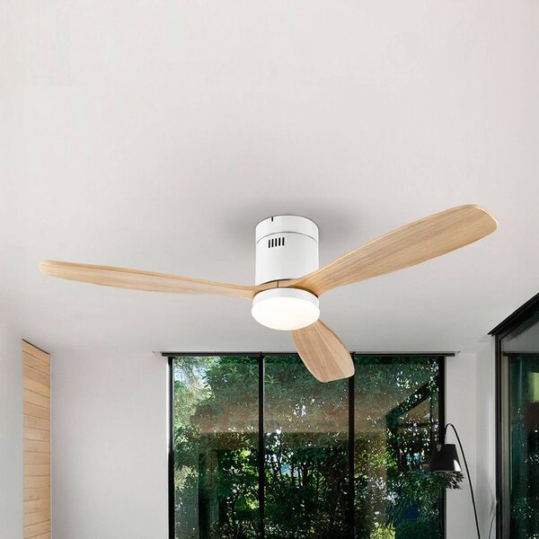 Schuller Valencia LED stropný ventilátor Siroco, biely/svetlé drevo Ø 132 cm, tichý, Svetlé drevo, Obývacia izba / jedáleň, kov, Moderný
