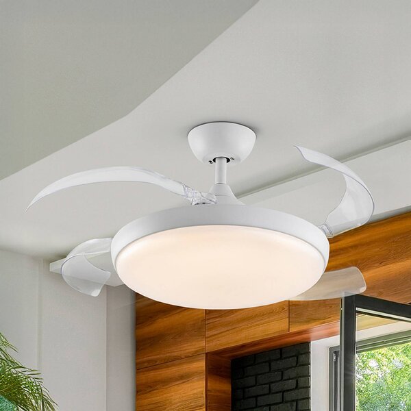 LED stropný ventilátor Venturi biely/číry DC, Ø 106 cm tichý, Jasné / priehľadné, Obývacia izba / jedáleň, kov, Moderný