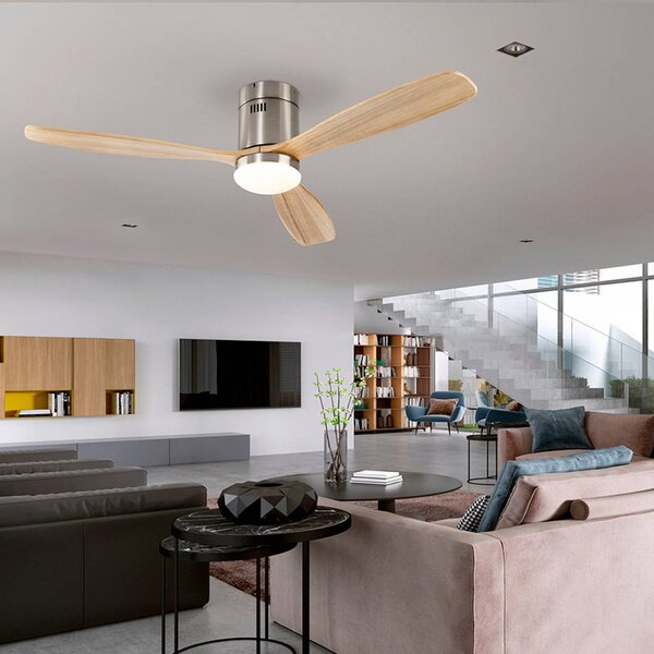 Schuller Valencia LED stropný ventilátor Siroco, nikl/svetlé drevo Ø 132 cm tichý, Svetlé drevo, Obývacia izba / jedáleň, kov, Moderný