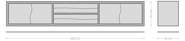 DELIFE TV stolík Live-Edge 300 cm akácia prírodná 4 dvierka 2 zásuvky závesný