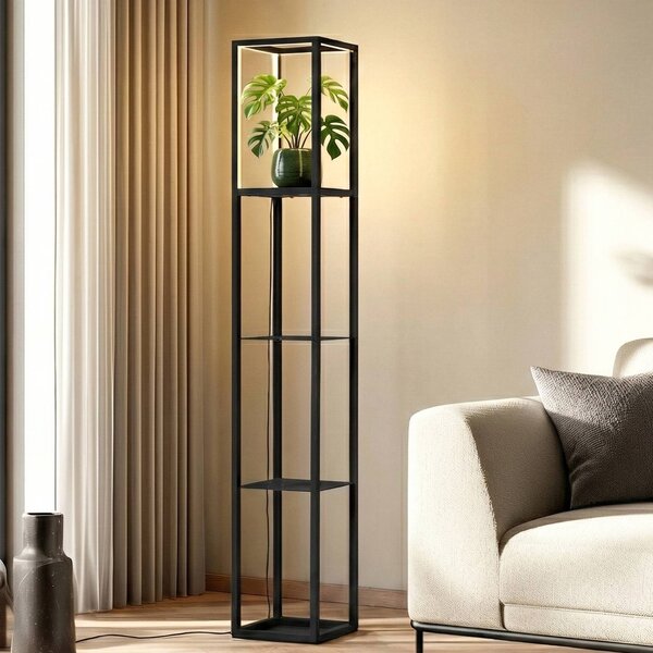 Lindby LED stojacia lampa Birta, polička, 155 cm, čierna, kov, Čierna, Obývacia izba / jedáleň, kov, Moderný