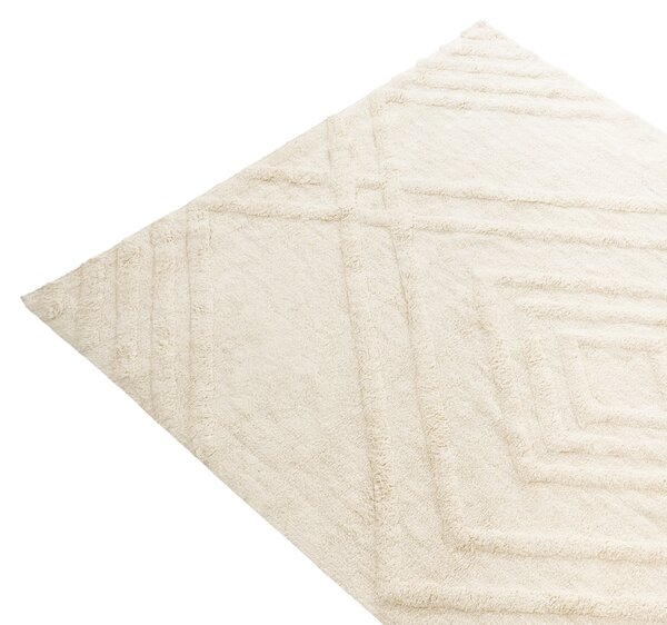 Detský koberec svetlobéžový bavlnený 140 x 200 cm obdĺžnikový tvar geometrický vzor možnosť prať v práčke moderný štýl detská izba