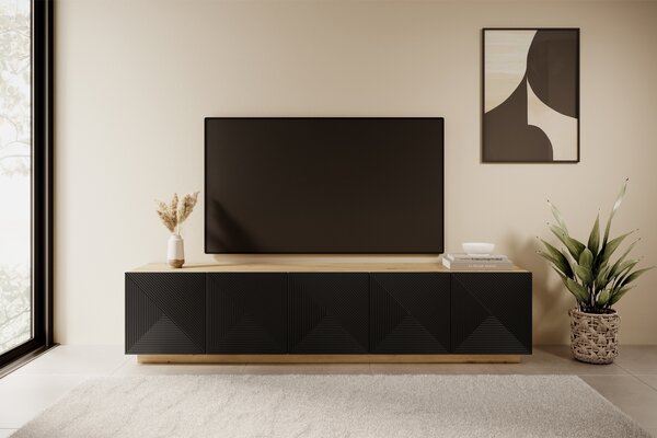 TV skrinka Asha 200 cm na sokli - dub artisan / čierny mat
