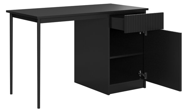 Čierny písací stôl Nicole 120 cm s jednými dverami a zásuvkou - matný čierny / čierne nohy