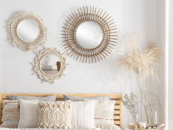 Nástenné zrkadlo béžový rám z makramé okrúhle ø 53 cm boho štýl chodba predsieň