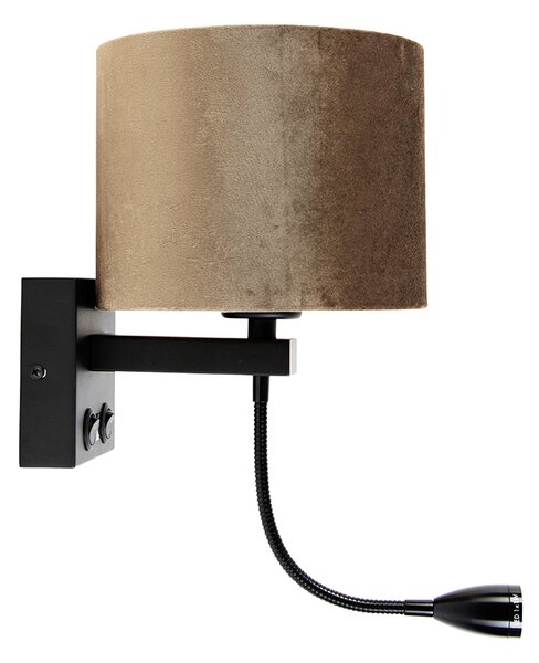Nástenná lampa čierna s hnedým zamatovým tienidlom 18 cm - Brescia