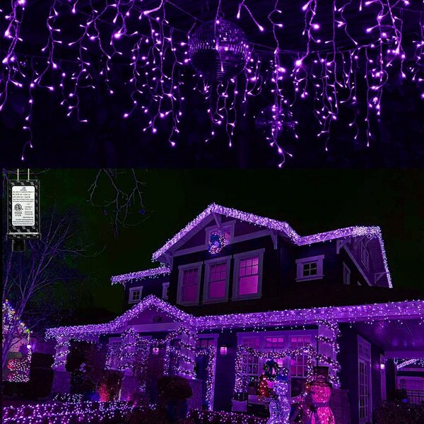 Vonkajší LED vianočný záves - fialový, 40m, 1500 LED, 8 programov, priehľadný kábel