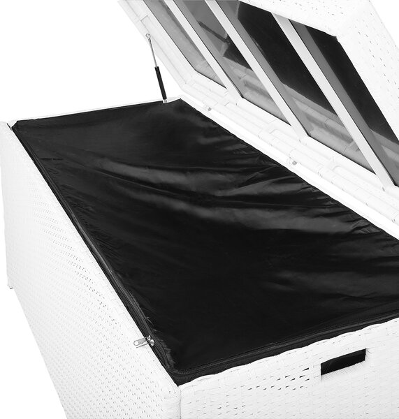 Vonkajší úložný box biely umelý ratan 158 x 63 cm záhradný box na vankúše moderný štýl terasa záhrada