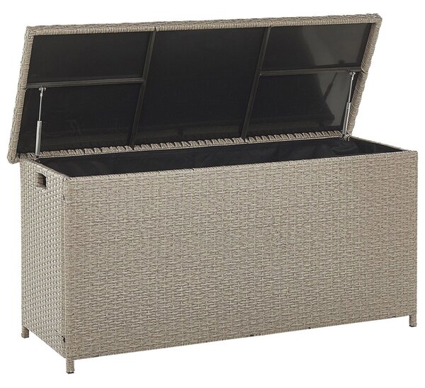 Vonkajší úložný box béžový umelý ratan 126 x 46 cm záhradný box na vankúše moderný štýl terasa záhrada