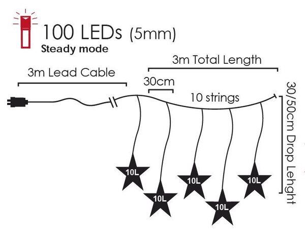 ACA Lighting LED vianočné záves Hviezdičky, 3x3m, teplá biela, IP44, 100 LED