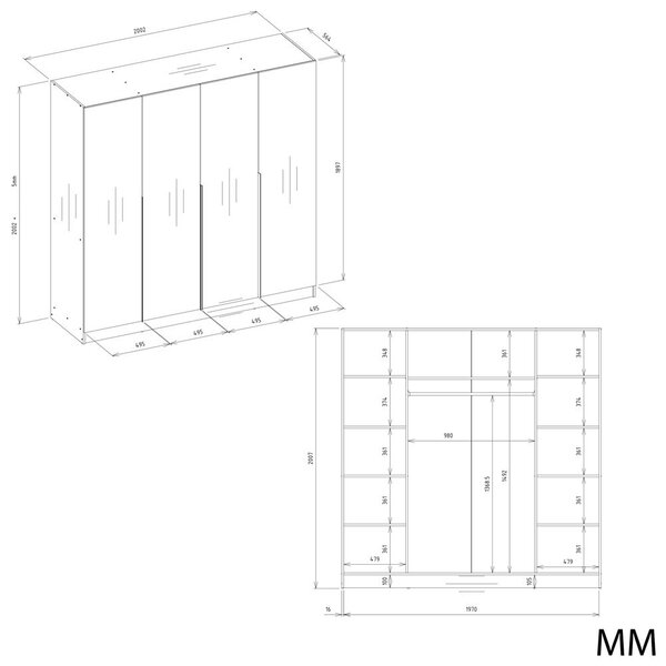 TP Living Šatní skříň Senso 4D 200 cm bílá/černá