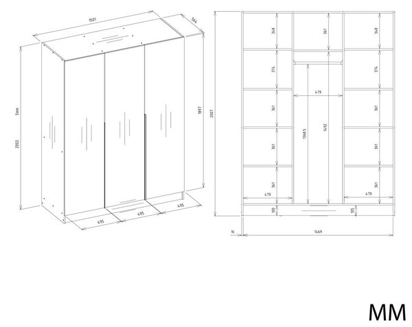 TP Living Šatní skříň Senso 3D 150 cm bílá/černá