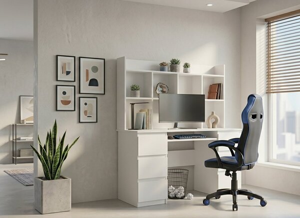 TP Living Psací stůl Kuba s regálem bílý a herním křeslem Drift černo-modrým