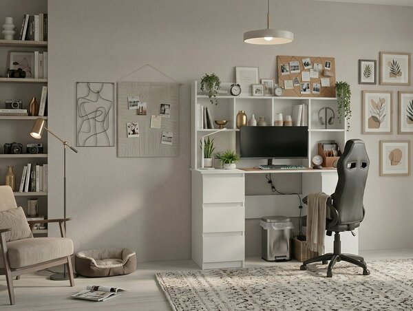 TP Living Psací stůl Kuba s regálem bílý a herním křeslem Drift černým