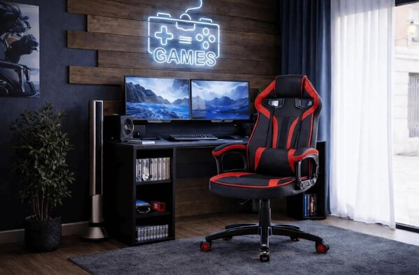 TP Living Rohový psací stůl Dany dub Artisan/antracit s herním křeslem Drift černo-červeným