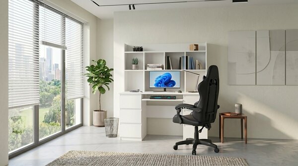 TP Living Psací stůl Kuba s regálem bílý a herním křeslem Remus černým