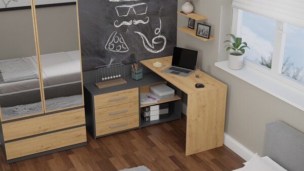 TP Living Rohový psací stůl Dany dub Artisan/antracit s herním křeslem Drift černo-modrým