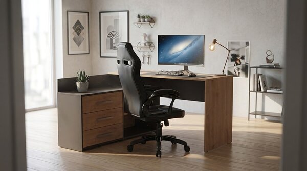 TP Living Rohový psací stůl Dany dub Artisan/antracit s herním křeslem Drift černým