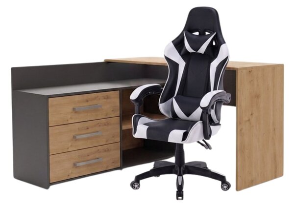 TP Living Rohový psací stůl Dany dub Artisan/antracit s herním křeslem Remus černo-bílým