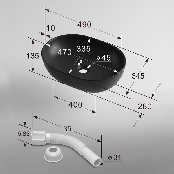 Ak furniture Keramické umyvadlo na desku ELIPSE 49 cm matné černé