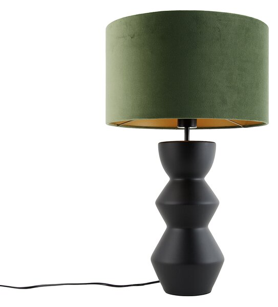Dizajnová stolná lampa čierna s tienidlom z čierneho zamatu zelená so zlatom 35 cm - Alisia
